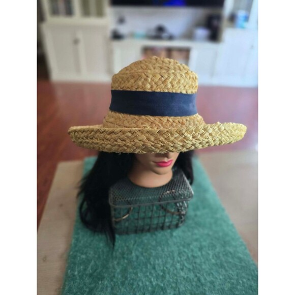 Helen Kaminski raffia hat with navy blue ribbon main image 5